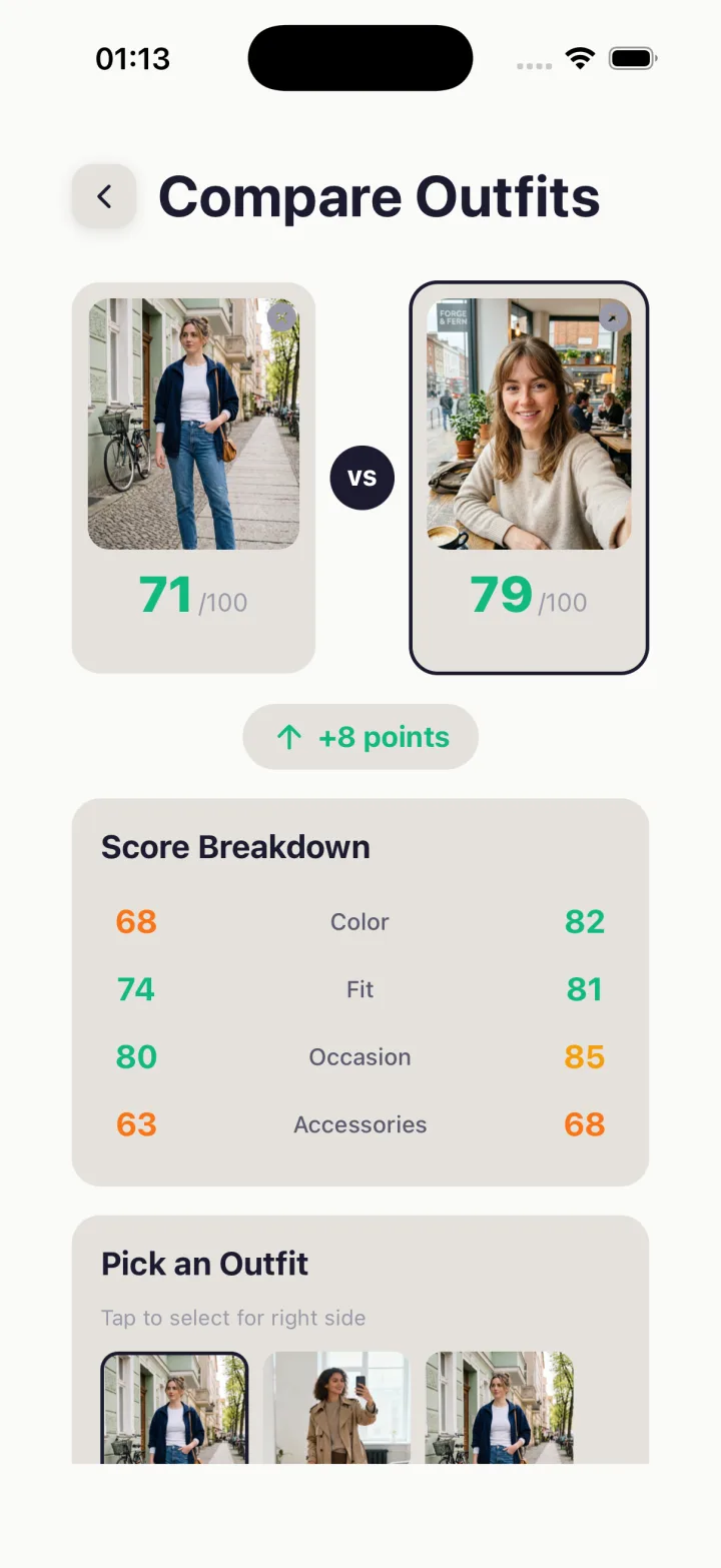Compare Outfits screen in the Endam app