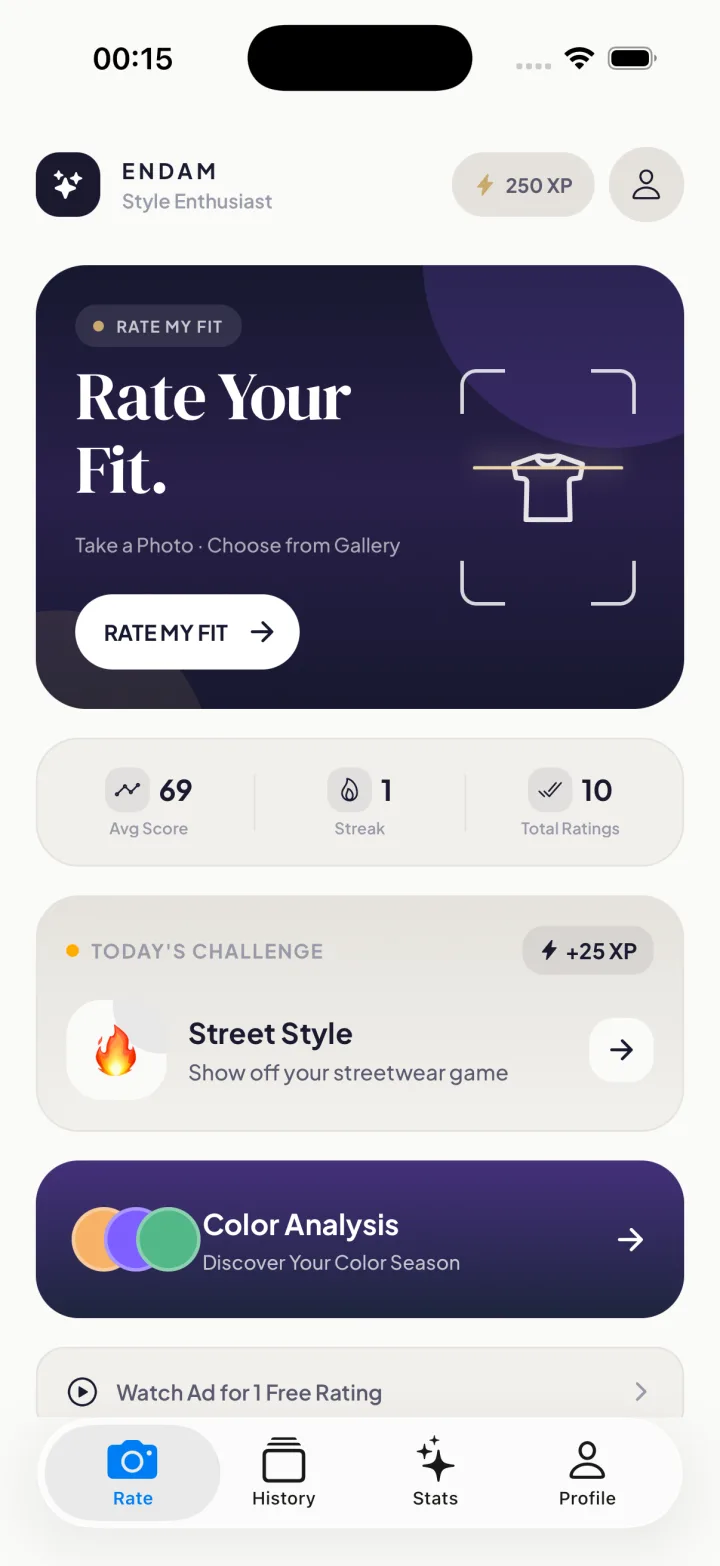 Endam home screen with Rate Your Fit, style statistics, daily challenge and color analysis