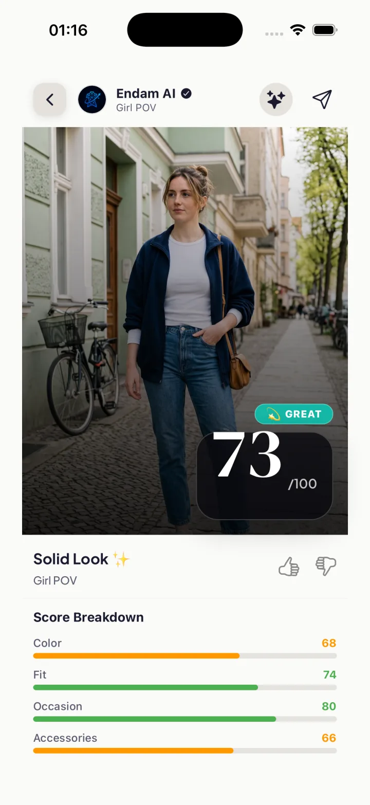 Endam outfit rating result showing a score of 73 and a breakdown for color, fit, occasion and accessories
