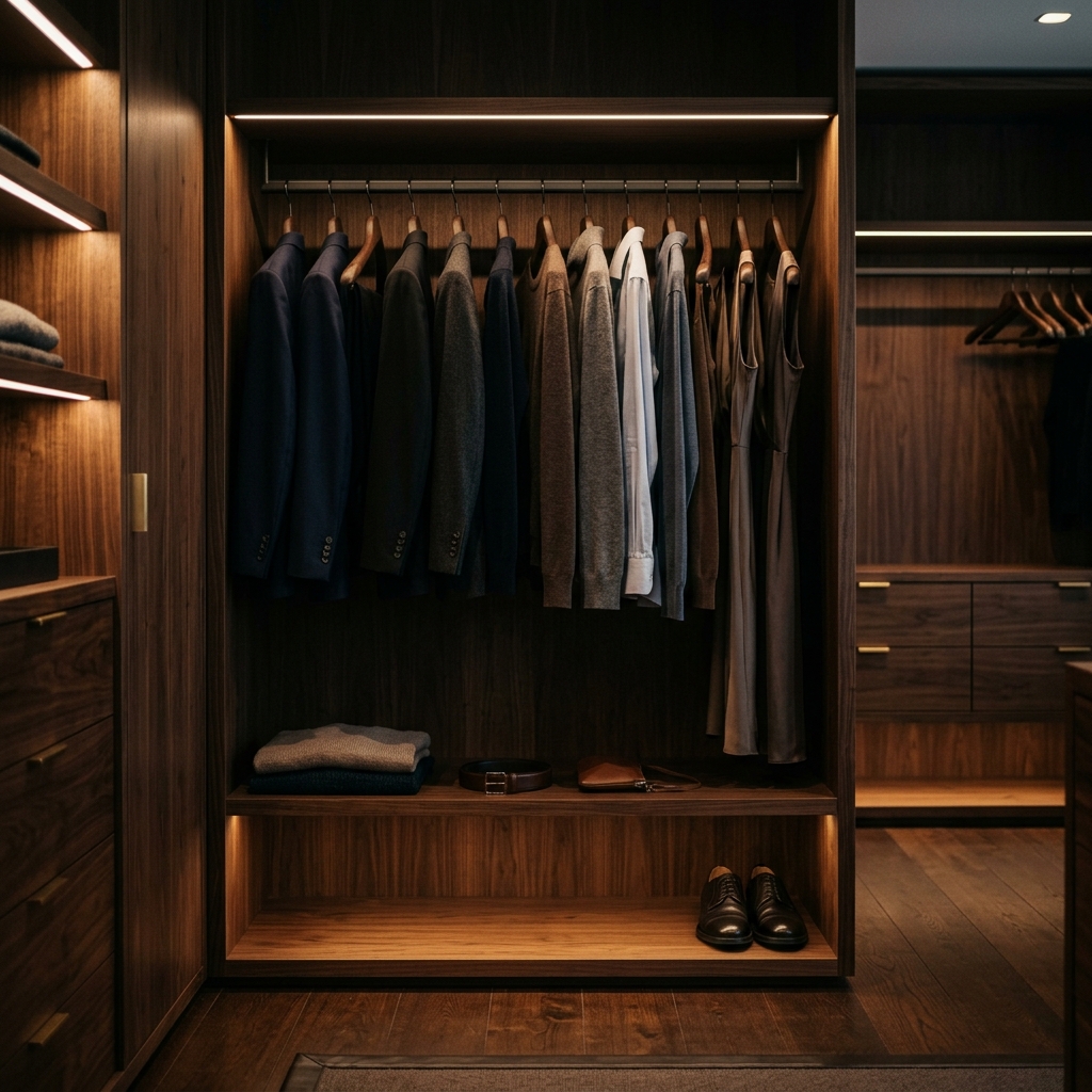 Luxurious empty dark wooden closet
