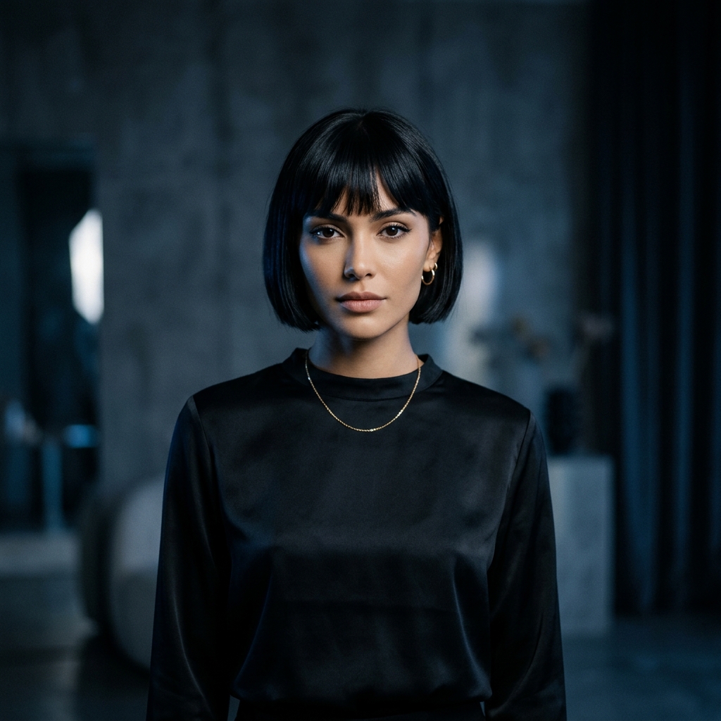 Fashion model wearing sleek dark outfit